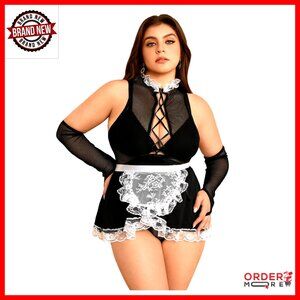 Plus Size 6-Piece Lace Trim Maid Costume Set Hollow Out Naughty Lingerie